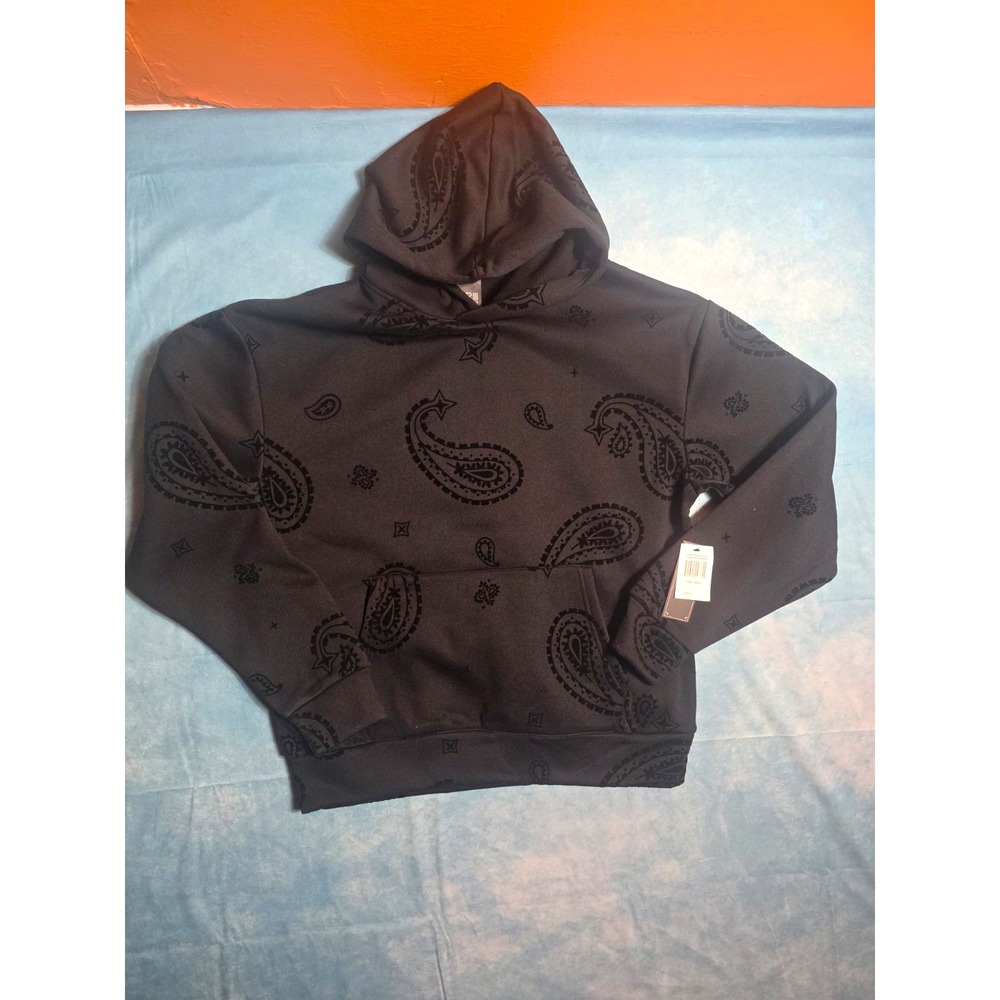 DRJ Social Club Mens S Black Paisley Fleece Pullover Hoodie w/ Pockets
